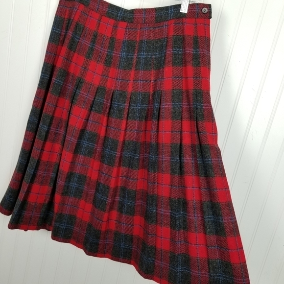 Vintage 100% Wool Pleated Tartan Plaid Midi Skirt Red Gray Blue USA Mik Mak 14 - Picture 2 of 8